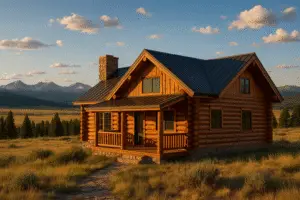 Log home in Fairplay, CO with Mosquito Range backdrop, golden South Park grasses, late-day alpine light.