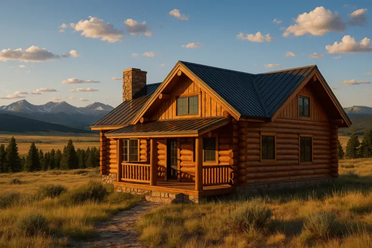 Log home in Fairplay, CO with Mosquito Range backdrop, golden South Park grasses, late-day alpine light.