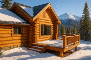 Breckenridge log home with warm-toned round logs, chinking, and snowy Tenmile Range under clear alpine light