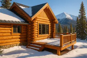 Breckenridge log home with warm-toned round logs, chinking, and snowy Tenmile Range under clear alpine light
