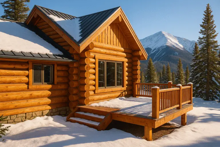 Breckenridge log home with warm-toned round logs, chinking, and snowy Tenmile Range under clear alpine light