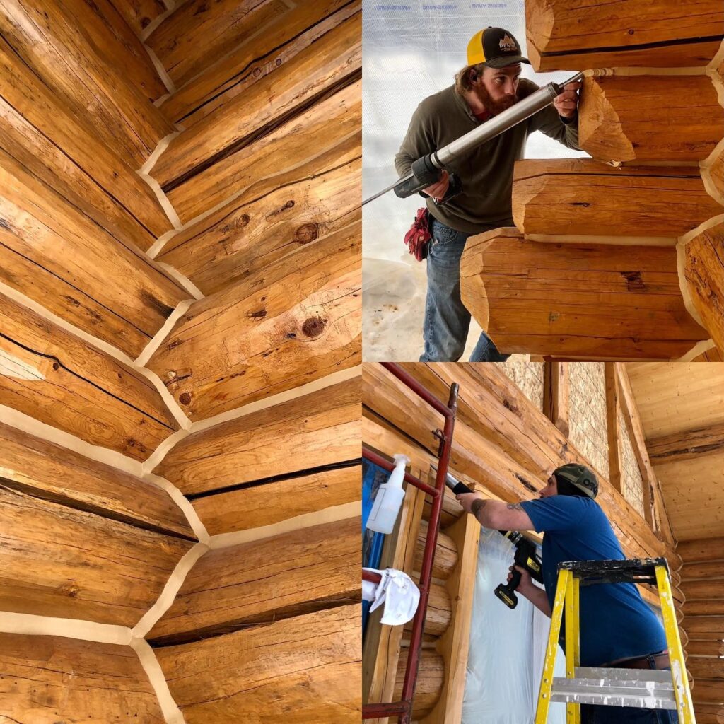 Chinking and caulking on log home with color-matched lines and detailed sealing at corners, sills, and bucks