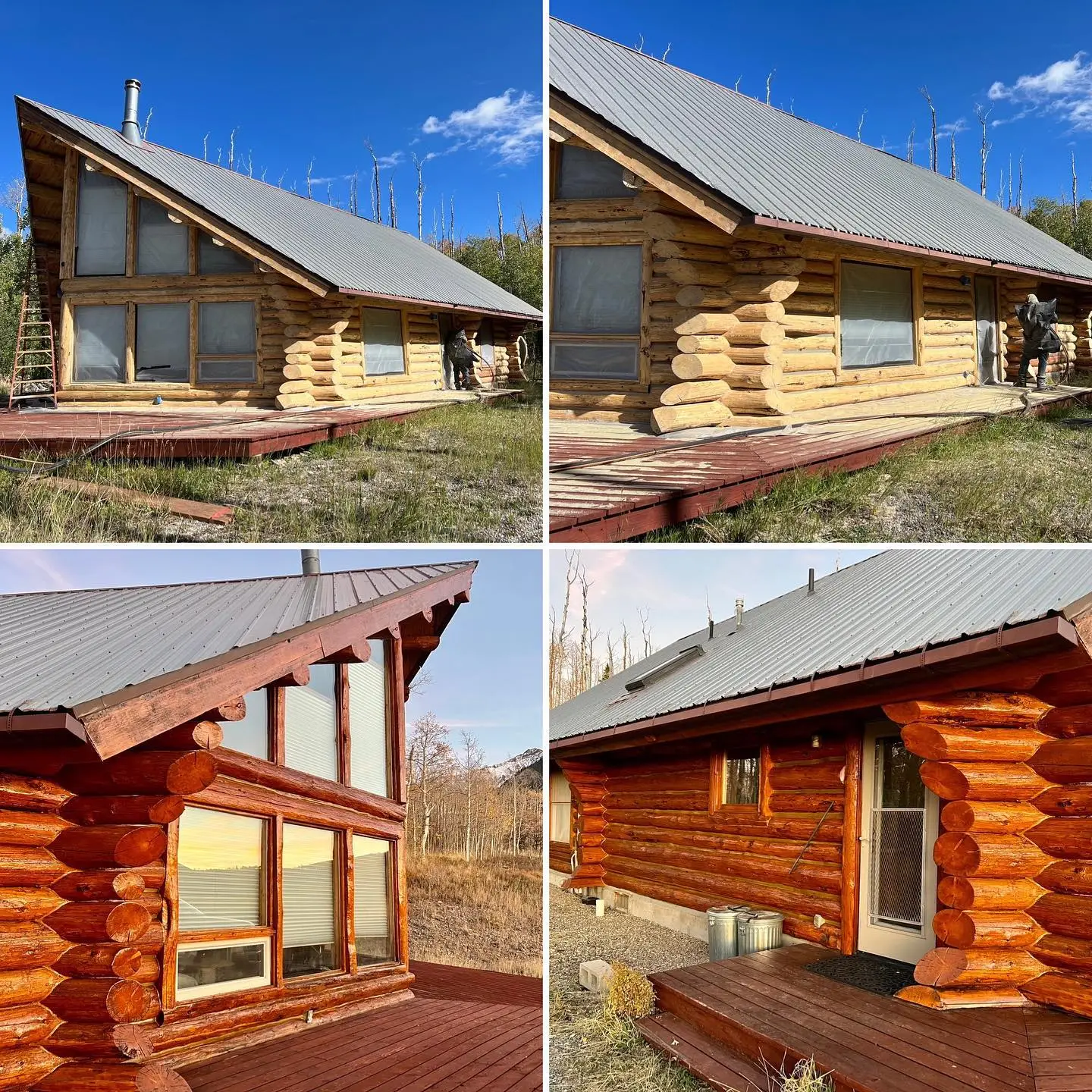 Media blasting log home with corn cob/walnut shell to remove old coatings while preserving wood fibers