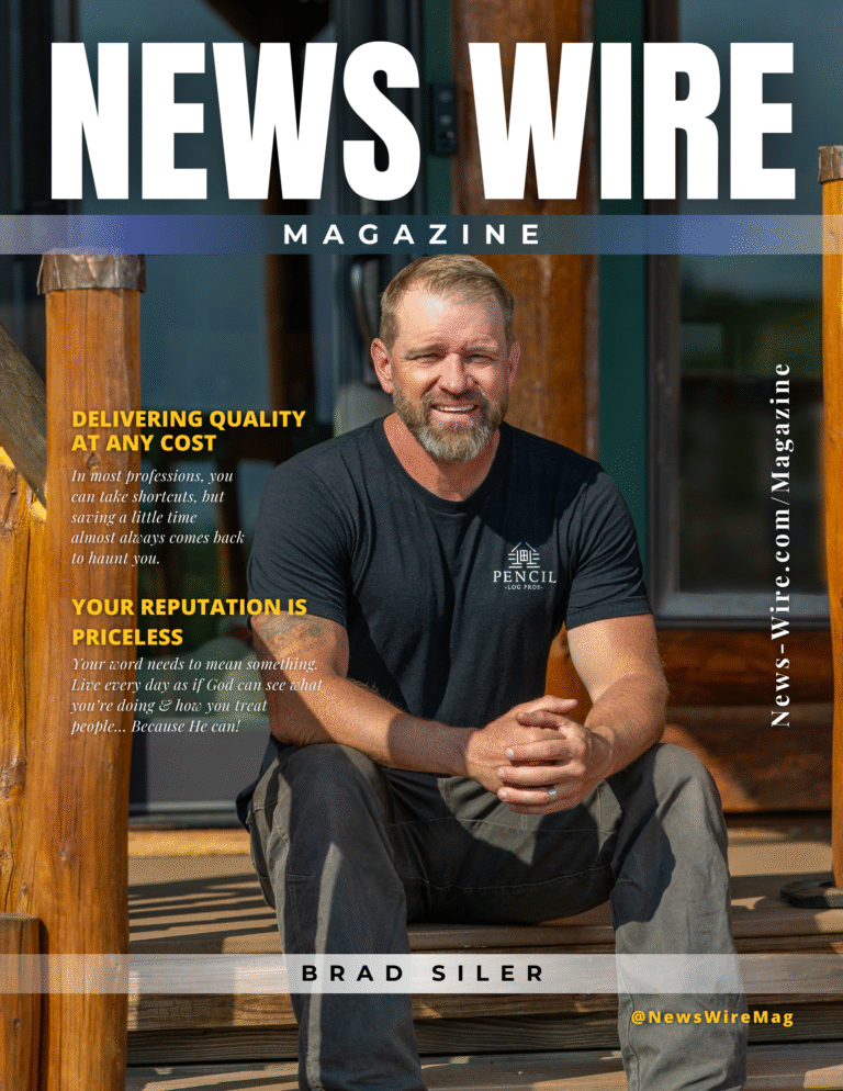 Brad Siler on the cover of News Wire Magazine, representing Pencil Log Pros and log home restoration expertise in Colorado, Utah, and the Rocky Mountains.
