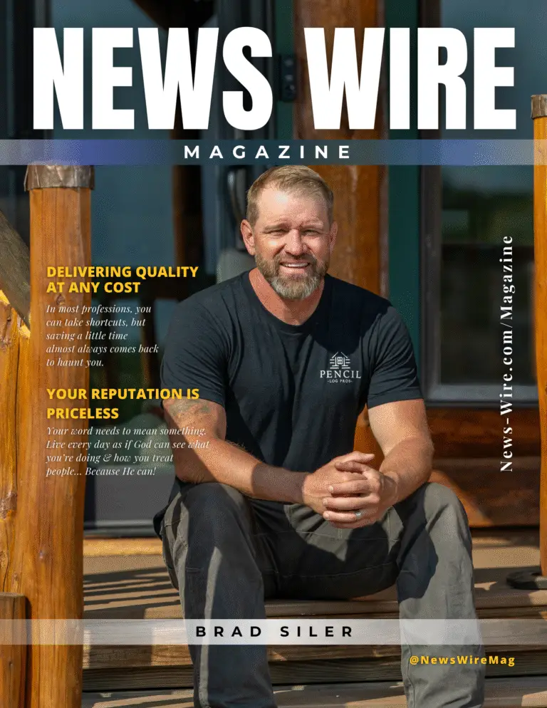 Brad Siler on the cover of News Wire Magazine, representing Pencil Log Pros and log home restoration expertise in Colorado, Utah, and the Rocky Mountains.
