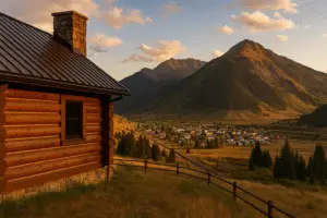 Log home above Silverton, CO with San Juan Mountains at golden hour