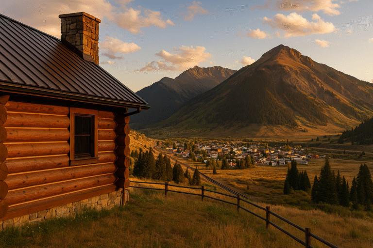 Log home above Silverton, CO with San Juan Mountains at golden hour