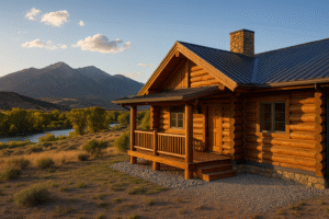 Log home by the Arkansas River with the Collegiate Peaks at golden hour in Salida, CO.