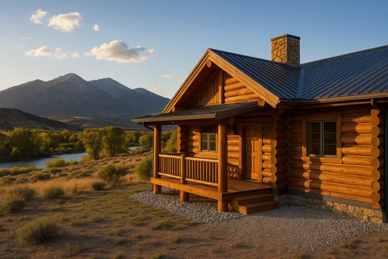 Log home by the Arkansas River with the Collegiate Peaks at golden hour in Salida, CO.