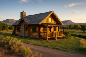 Western Slope log home in Delta, Colorado with sunlit D-log walls, metal roof, and valley orchards at golden hour.