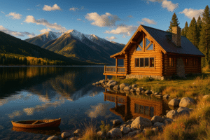 Hand-peeled log home on Twin Lakes, CO at golden hour with aspens, lake reflections, and Sawatch Range peaks.