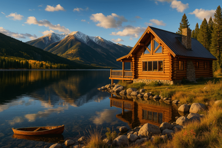 Hand-peeled log home on Twin Lakes, CO at golden hour with aspens, lake reflections, and Sawatch Range peaks.