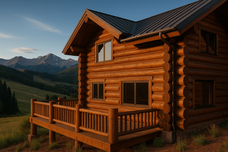 Two-story lodgepole-pine log home in Mountain Village, CO during golden hour with San Juan Mountains, ski slope, and gondola in the background.