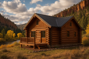 Placerville, CO log home by the San Miguel River with semi-transparent stain, neat chinking, and charcoal metal roof.