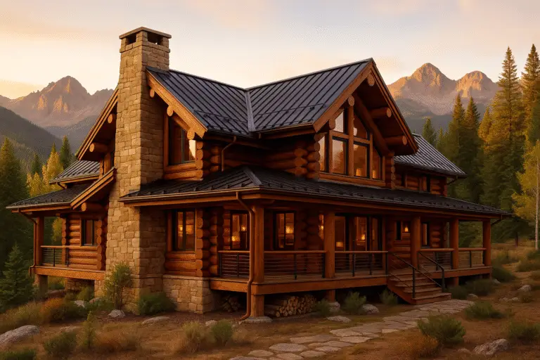 Upscale Vail Colorado log home with metal roof, stone chimney, and aspen trees