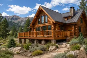 Restored log home with metal roof, stone chimney, and mountain landscape in Almont, CO by Pencil Log Pros.