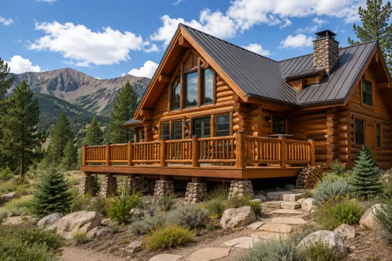 Restored log home with metal roof, stone chimney, and mountain landscape in Almont, CO by Pencil Log Pros.
