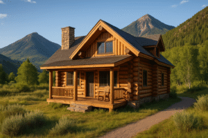 Log cabin in Almont, Colorado surrounded by pine-covered mountains, aspens, and a winding path in afternoon light.
