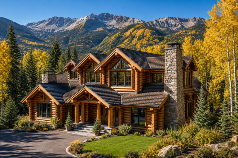 Beautifully restored upscale log home in Aspen, Colorado surrounded by golden aspen trees, evergreen forest, and Elk Mountain-style peaks.