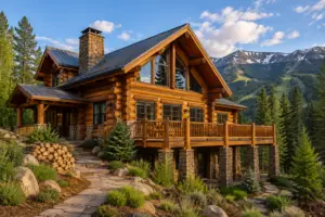 Restored log home with stone chimney and timber deck overlooking forested mountains near Avon, Colorado, by Pencil Log Pros.