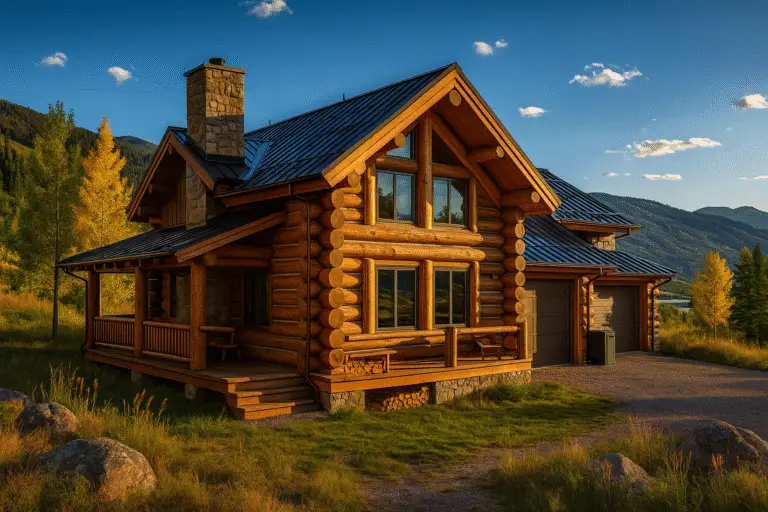 HDR log home in Avon, CO with bronze metal roof, lodgepole logs, fall aspens, and mountain backdrop