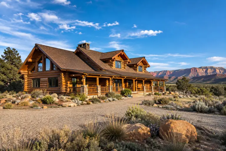 Beautifully restored high-end log home near Blanding, Utah with refinished wood logs, clean chinking, covered porch, native landscaping, gravel drive, and high-desert sandstone terrain.
