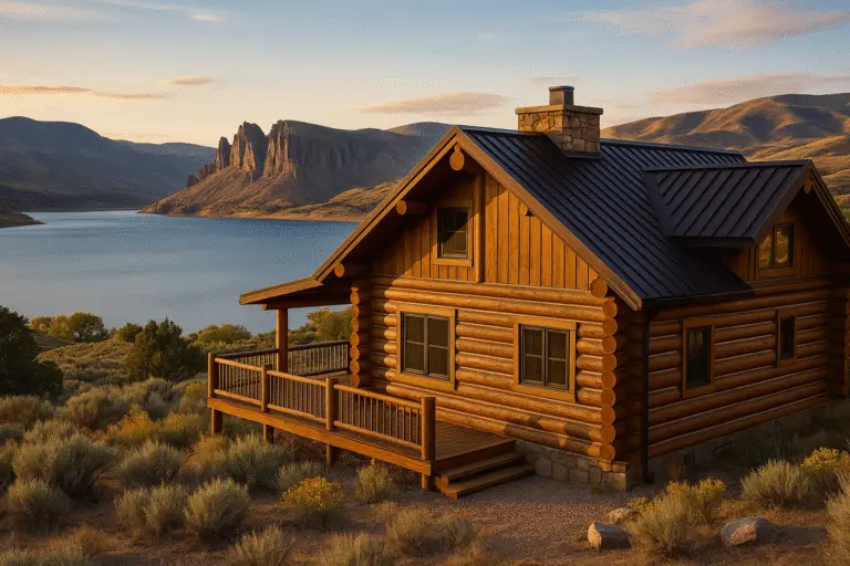 Log home near Blue Mesa, CO with Dillon Pinnacles and reservoir at golden hour, fresh stain and tan chinking