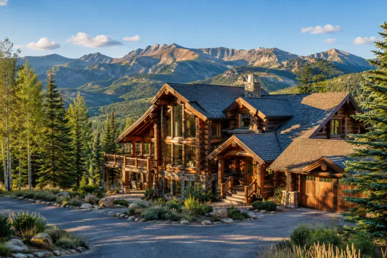 Luxury restored log home in Breckenridge, Colorado with mountain views, spruce forest, stone chimney, and protected natural wood exterior.