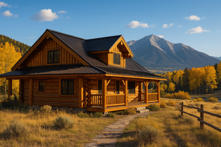 Hand-peeled log home in Buena Vista, CO with Mount Princeton and golden aspens under clear alpine sky.