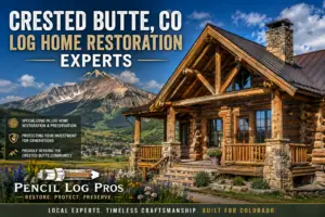 Crested Butte, Colorado log home restoration experts featuring a restored luxury log cabin with mountain views by Pencil Log Pros.