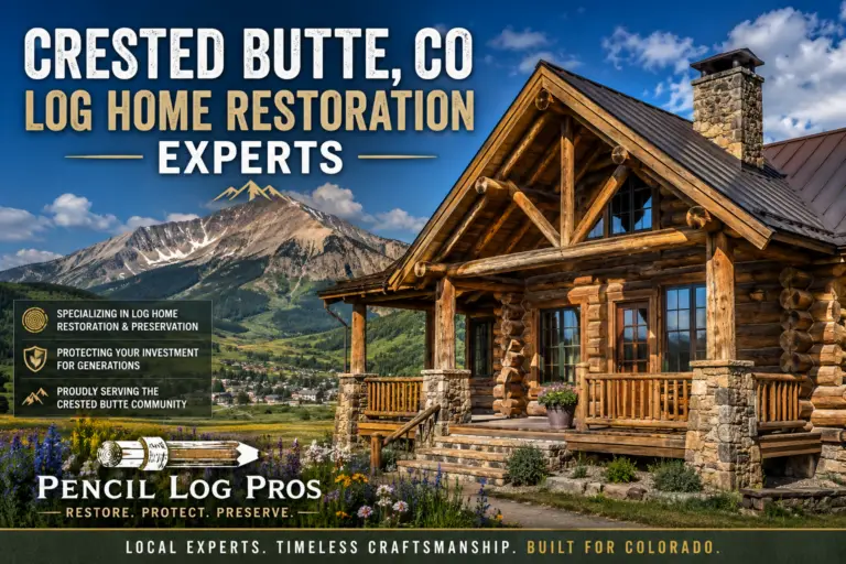 Crested Butte, Colorado log home restoration experts featuring a restored luxury log cabin with mountain views by Pencil Log Pros.