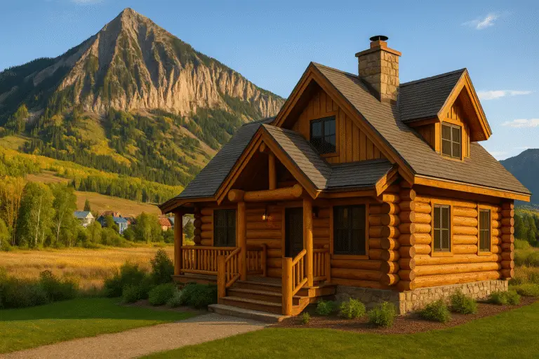 Log cabin in Crested Butte, Colorado with Mount Crested Butte in the background, surrounded by aspens and alpine meadow in afternoon light.