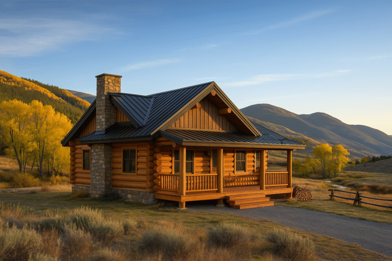 Log home in Parlin, CO above Quartz Creek at golden hour with aspens, sage meadow, and mountain ridgeline.