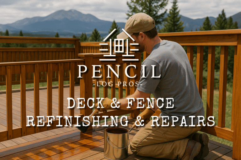 Worker applying stain to a wooden deck and fence in the Colorado mountains, focusing on clean prep, durable finish, and UV-resistant refinishing.