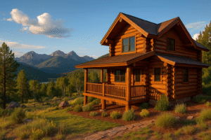 Log home in Durango, CO with San Juan Mountains at sunset; cedar-brown round logs, tight chinking, native landscaping.