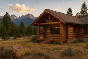 Round-log mountain home with light chinking at golden hour in Estes Park, Colorado, with pine trees and granite peaks in the background.