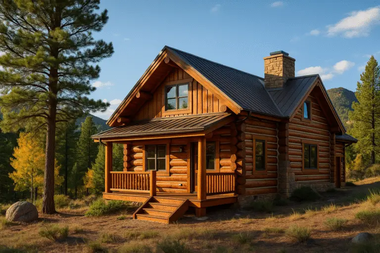 Photorealistic log home in Evergreen, CO with warm-brown stain, clean chinking, metal roof, ponderosa pines, and aspens at golden hour.