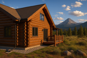 Log home in Fraser, CO with hand-peeled pine logs, neat chinking, gravel drip band, and Byers Peak under clear alpine afternoon light.