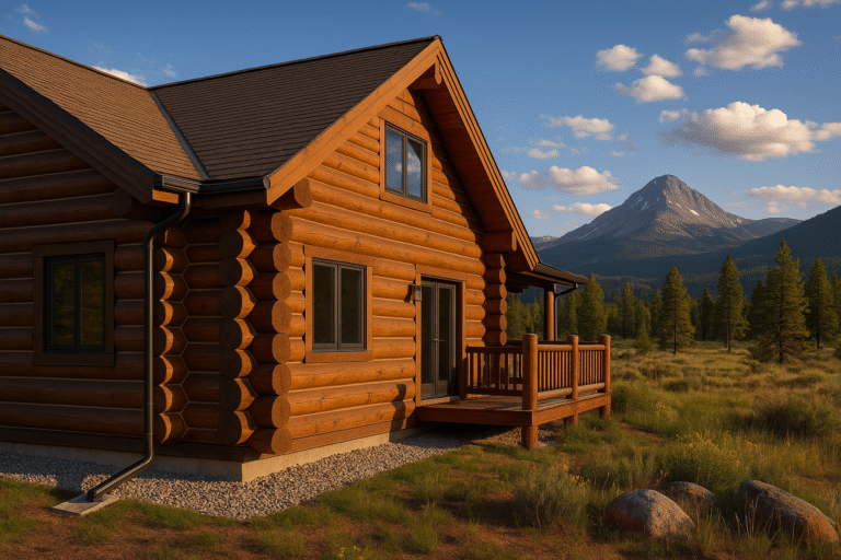 Log home in Fraser, CO with hand-peeled pine logs, neat chinking, gravel drip band, and Byers Peak under clear alpine afternoon light.