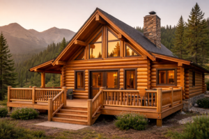 Freshly refinished log home with honey-brown logs and clean chinking in a mountain setting at golden hour