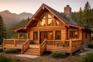 Freshly refinished log home with honey-brown logs and clean chinking in a mountain setting at golden hour
