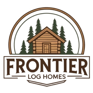 Frontier Log Homes logo featuring clean typography and a log cabin emblem, symbolizing handcrafted log home construction and general contracting expertise in Colorado.