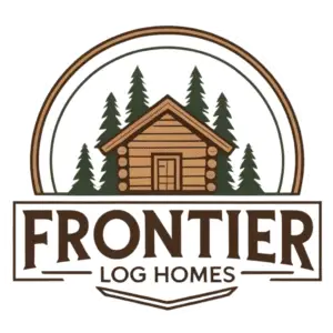 Frontier Log Homes logo featuring clean typography and a log cabin emblem, symbolizing handcrafted log home construction and general contracting expertise in Colorado.