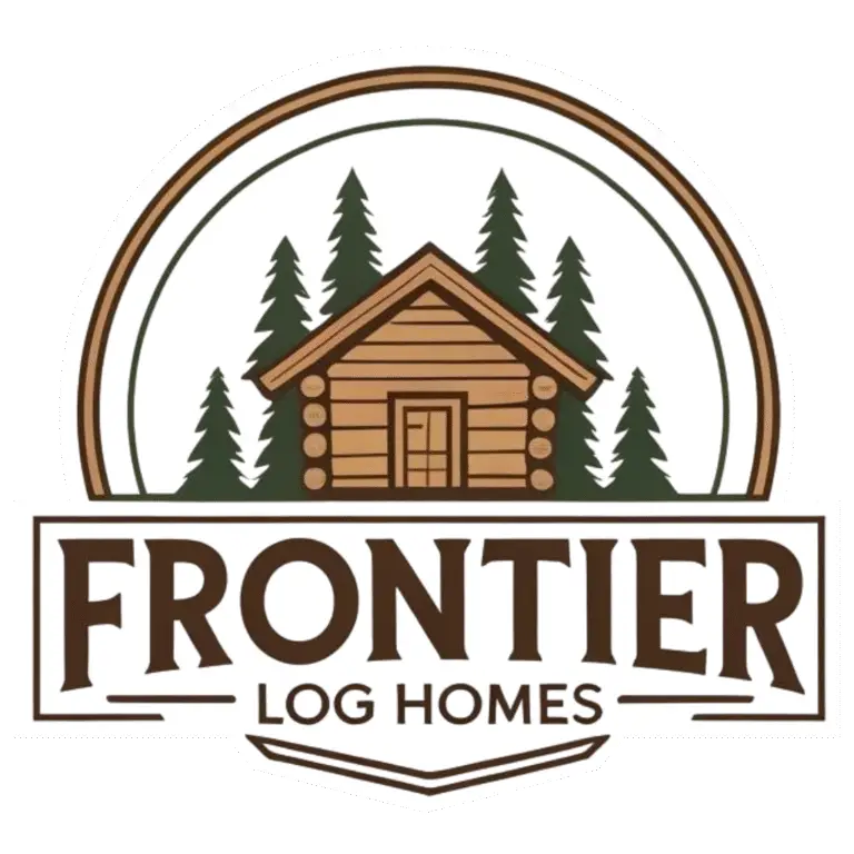 Frontier Log Homes logo featuring clean typography and a log cabin emblem, symbolizing handcrafted log home construction and general contracting expertise in Colorado.