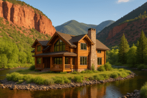 Luxury log home in Glenwood Springs, Colorado surrounded by red rock cliffs, alpine forest, and a reflective river.