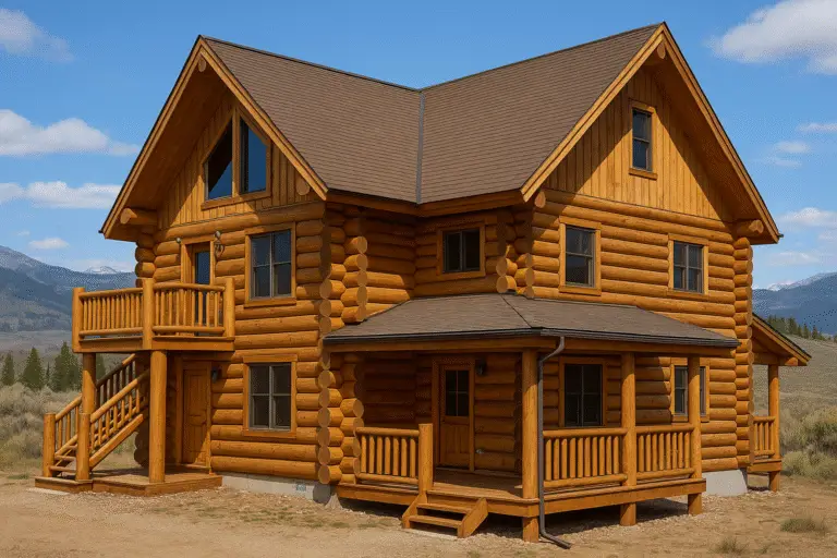 Log home in Granby CO with warm-toned round logs, front porch, balcony, and mountain views.