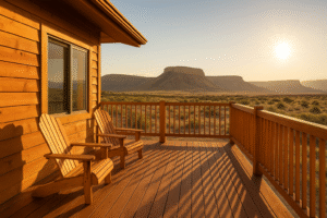 A Western Slope deck in Grand Junction, CO, featuring cedar siding and warm sunset tones overlooking the high-desert mesas and sagebrush landscape.