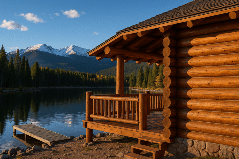 Lakeside lodgepole pine log cabin at Grand Lake, CO at golden hour with timber deck, calm water, and snow-capped peaks.