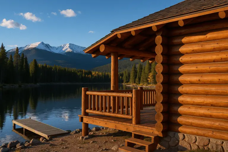 Lakeside lodgepole pine log cabin at Grand Lake, CO at golden hour with timber deck, calm water, and snow-capped peaks.