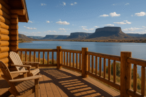 Log cabin terrace in Gunnison, Colorado with Adirondack chairs facing Blue Mesa Lake and mesa ridgelines under a wide blue sky.
